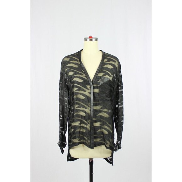HELMUT LANG Black Sheer Silk Jacquard Leather Trim V-Neck Shirt Blouse, Size M - Picture 1 of 12